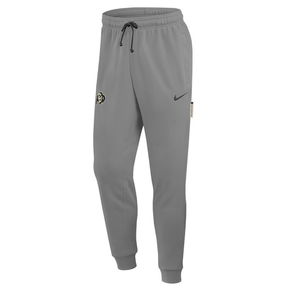 Gray jogger-style sweatpants featuring the Colorado Buffaloes logo in black and gold on the left thigh, a black Nike swoosh on the right thigh, and an elastic waistband with drawstring.